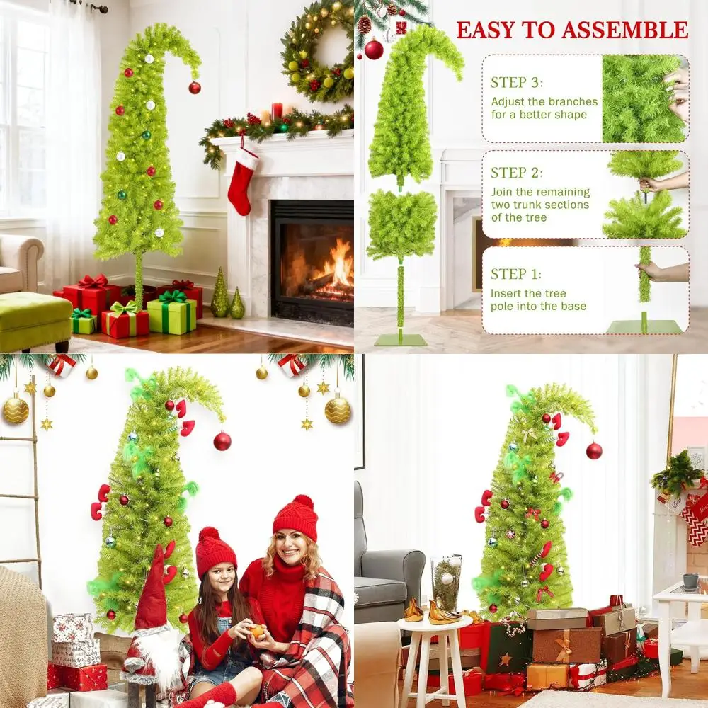 

Whimsical 5-Foot Artificial Christmas Tree with 150 LED Timer Lights, Lime Green Bendable, Ball Ornaments, Metal Base, Holiday D
