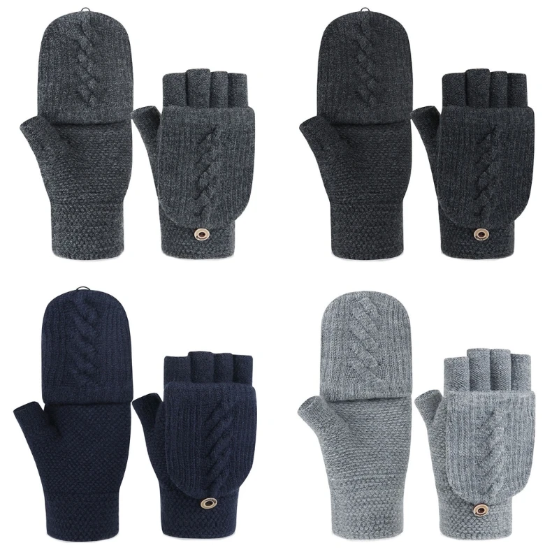 

Winter Knit Convertible Fingerless Gloves Flip Touchscreen Gloves Wool Men Work Touchscreen Mittens