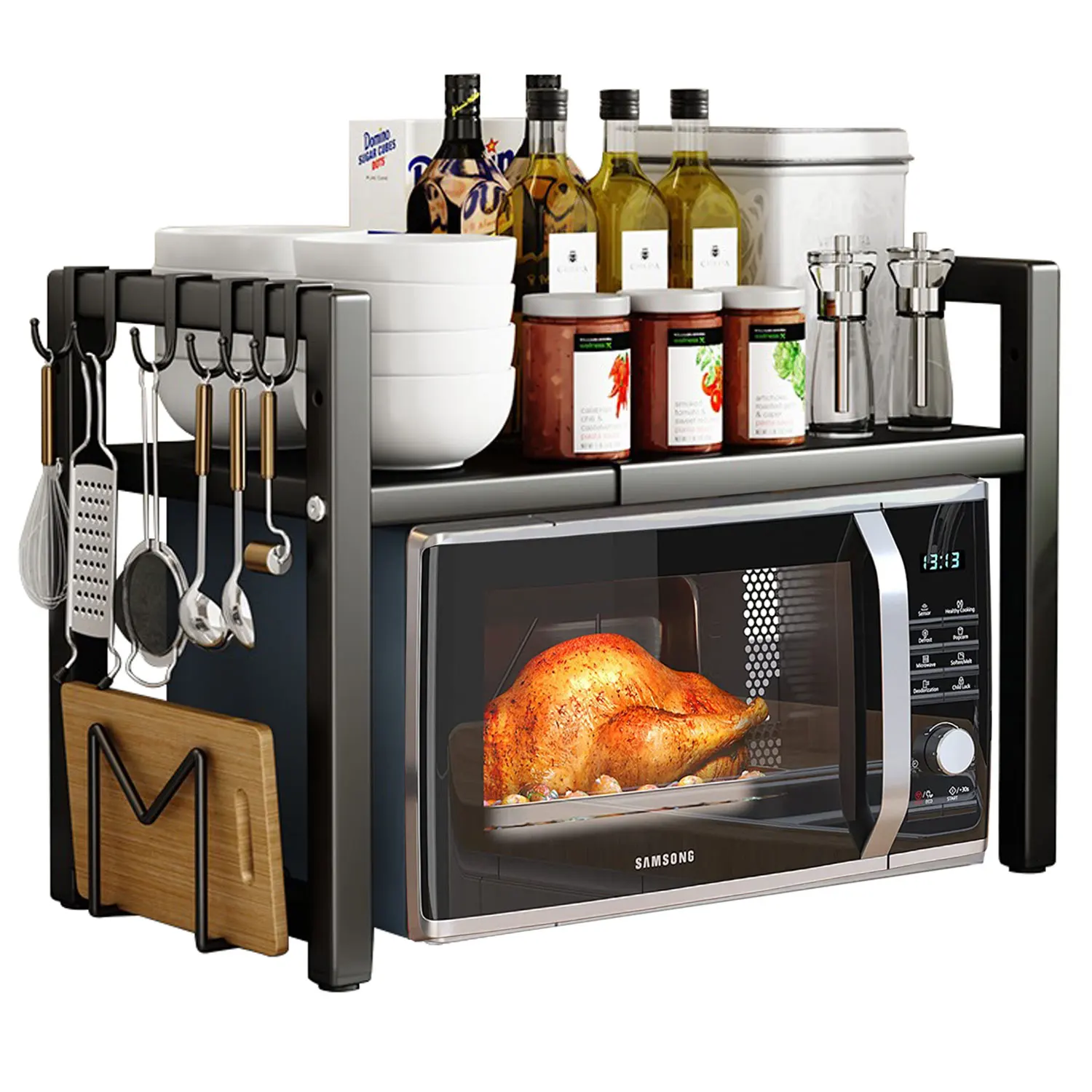 Erweiterbares Mikrowellenregal, 2-stöckiger Mikrowellenständer mit 5 Haken, Küchen-Organizer-Rack, ausziehbar von 40–64 cm, Schwarz