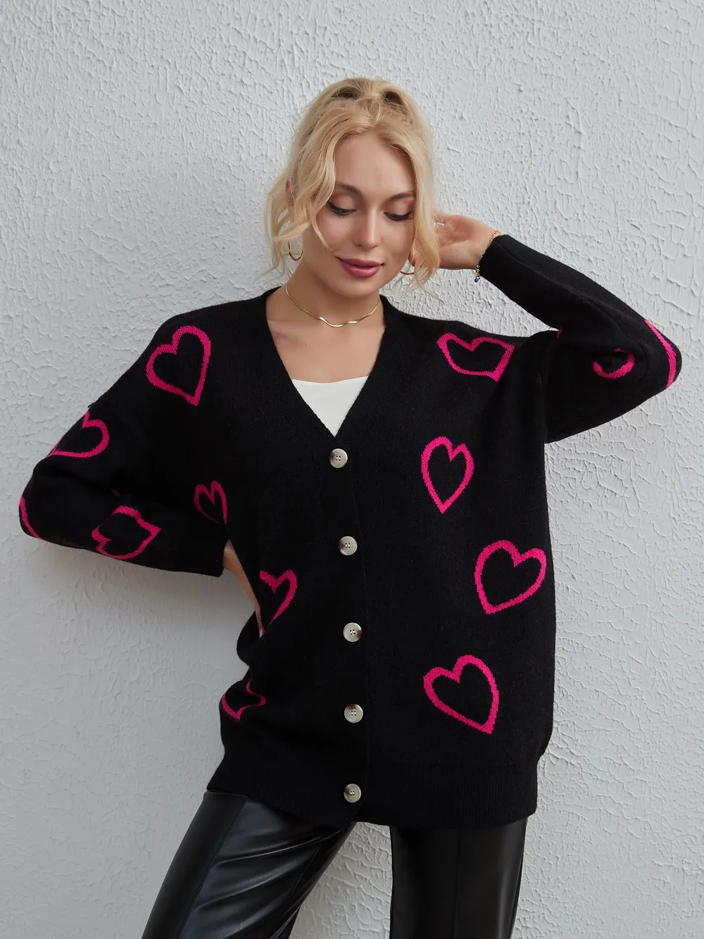 Wixra Women Knitted Cardigan Heart Print Single Breasted V Neck Oversize Sweater Loose Autumn Winter Casual Female Knitted Coat