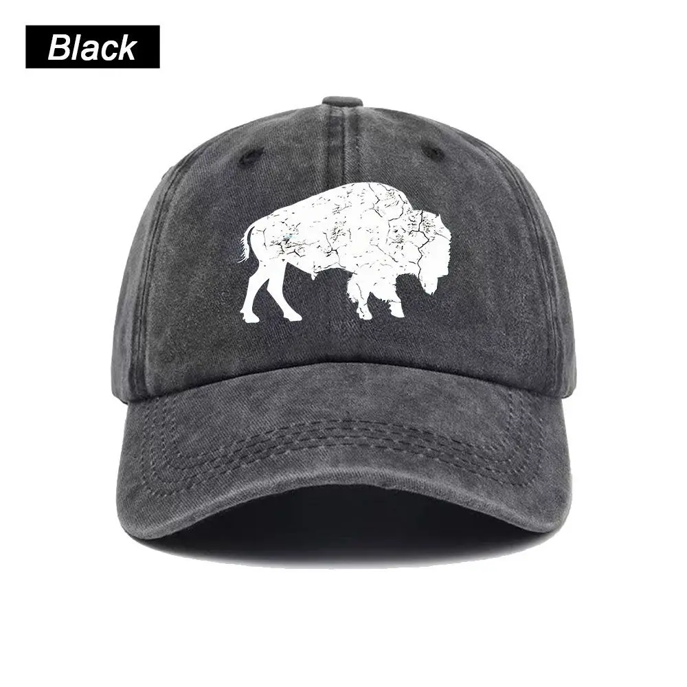 Vintage Washed Baseball Cap Bison Animal Print Graphic Unisex Streetwear Casual Trucker Style Summer Cotton Sun Hat