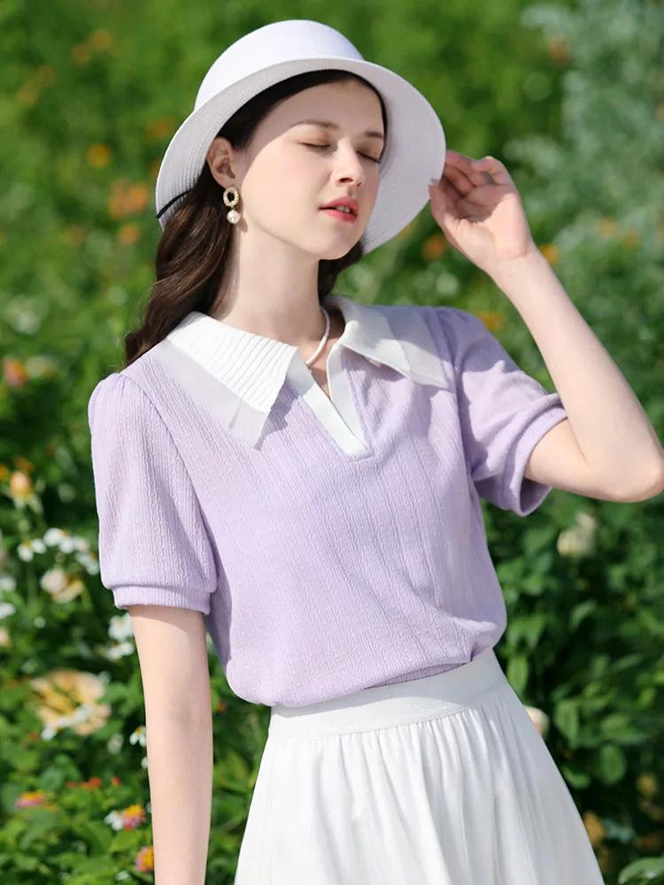 I BELIEVE YOU 2024 Summer New T-shirts For Women Polo Collar Puff Short-sleeve Retro Slim Office Lady Chic Blouse 2242015667