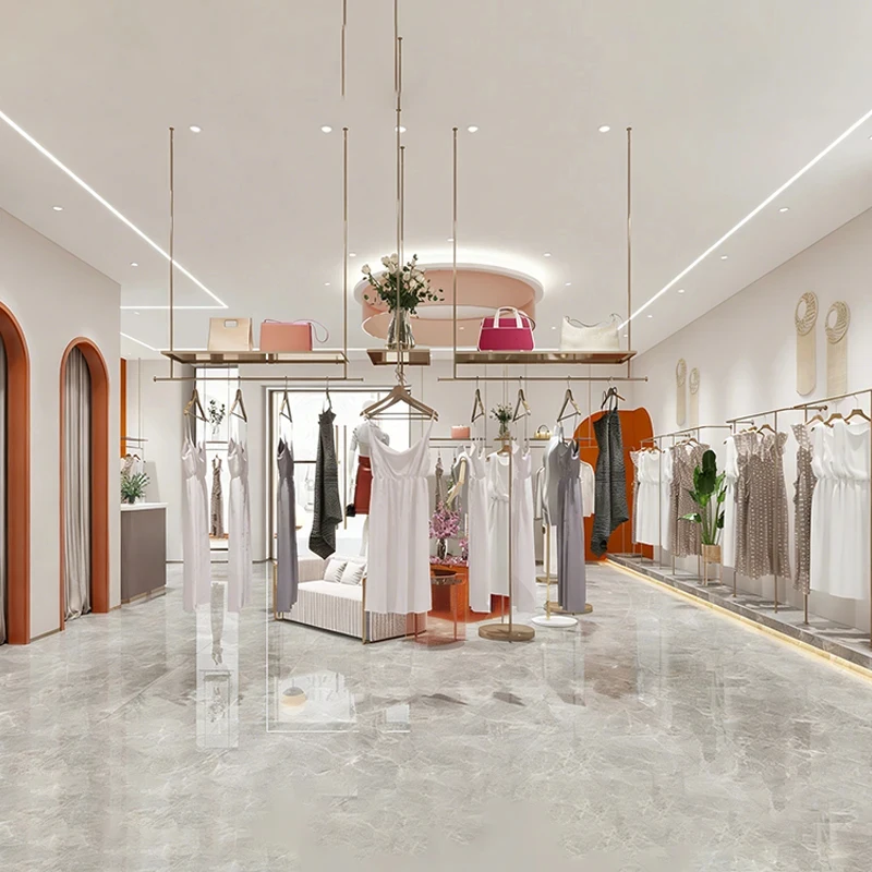 

Customize.Store Design Modern Clothing Display Rack Retail Store Stand Metal Garment Rack Shelves Hanging Rods Shop Design