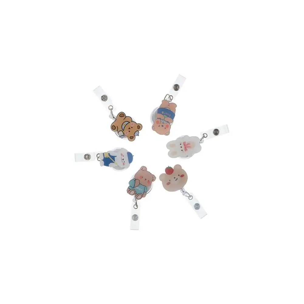 クマ柄リール式バッジホルダー、名札クリップ、看護師バッジホルダー、名刺ホルダー、アクリル製、イージー・プル・バックル