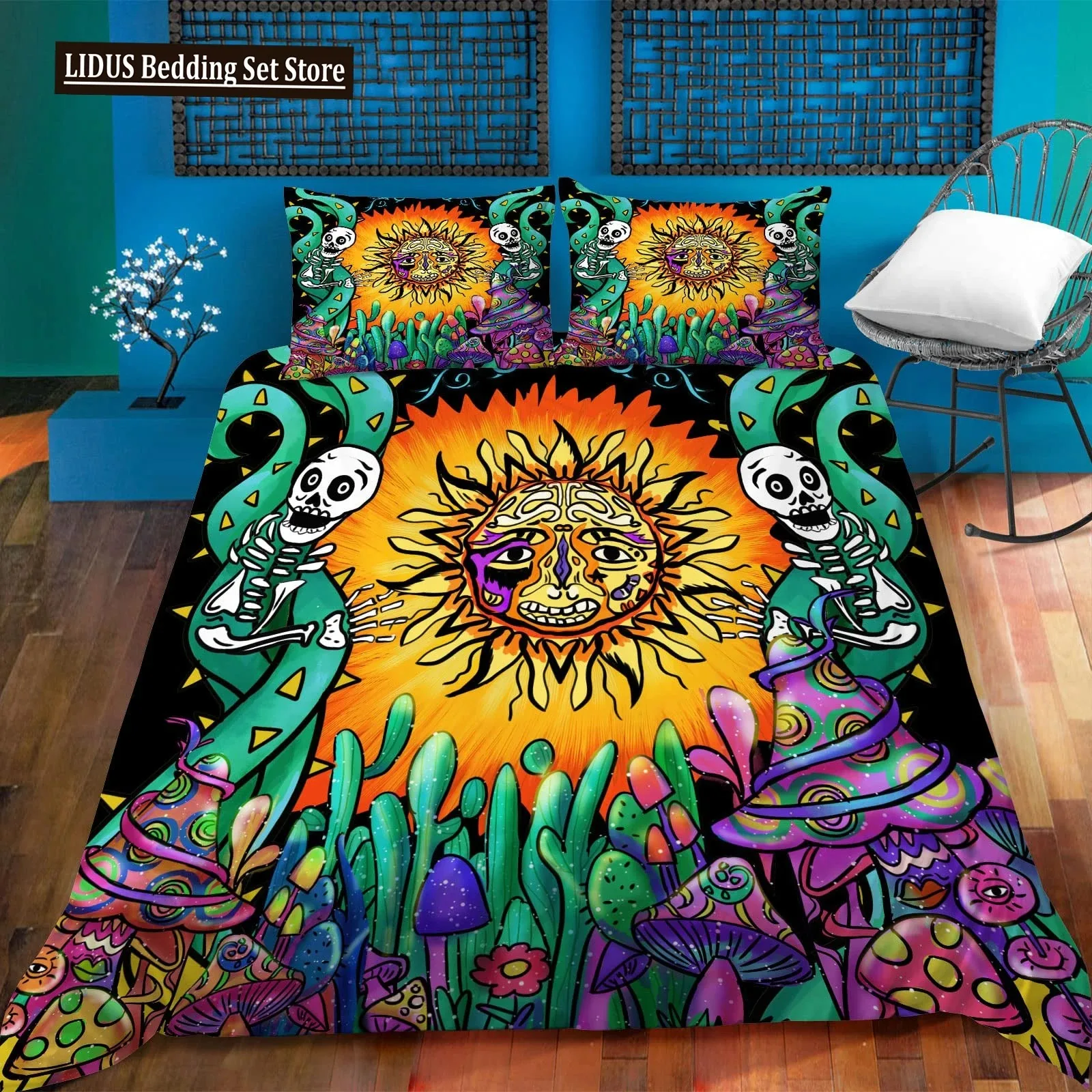 

Sun Duvet Cover Colorful Mushrooms Bedding Burning Sun Comforter Cover Halloween Skull Hippie Style Bedding Bedroom Decoration