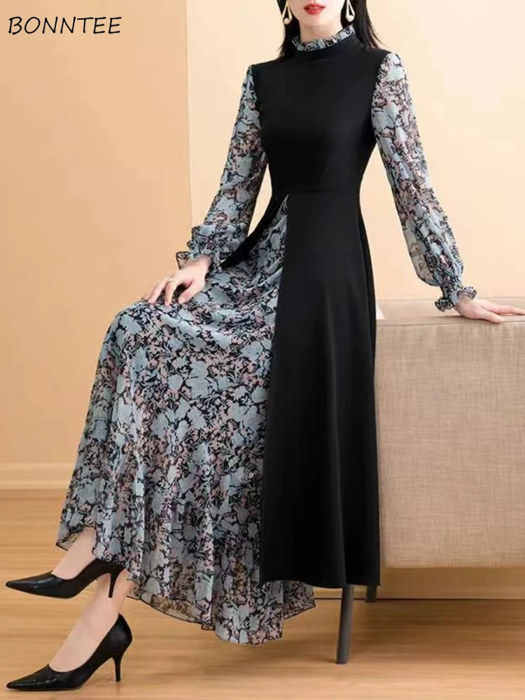 Vintage vestidos de manga longa moda feminina versátil projetado floral famoso senhoras roupas projetado temperamento suave estética ins