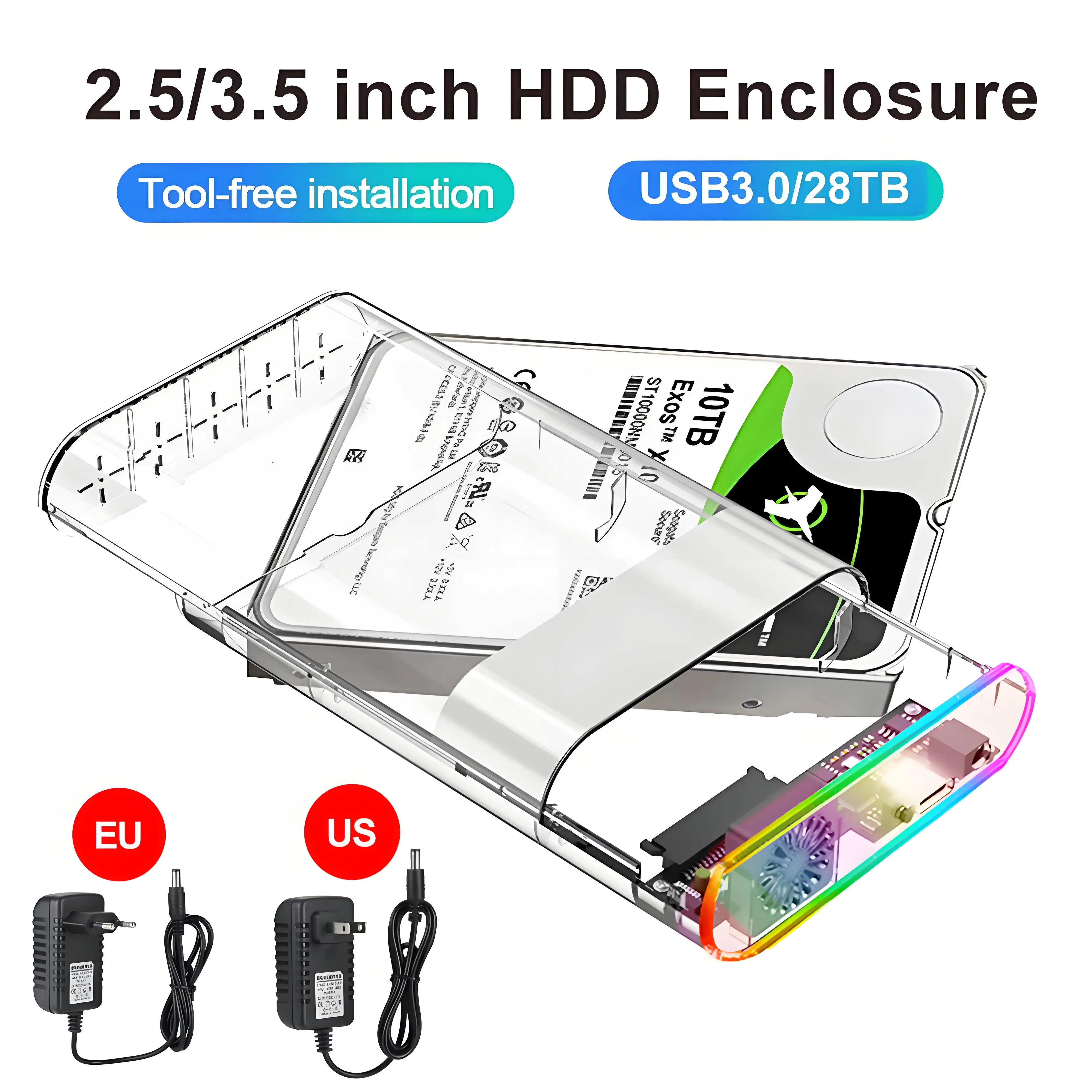

2.5/3.5 inch HDD/SSD Enclosure Transparent USB 3.0/Type C HDD SATA External Case Support 22TB High Speed Adapter for Laptop PC