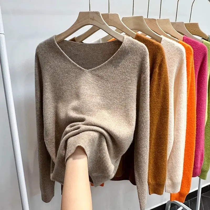 

Women 100% Merino Wool Sweater V-Neck Basic Pullover Autumn Winter Cashmere Clothing Long Sleeve Soft Knitwear Tops Solid Color