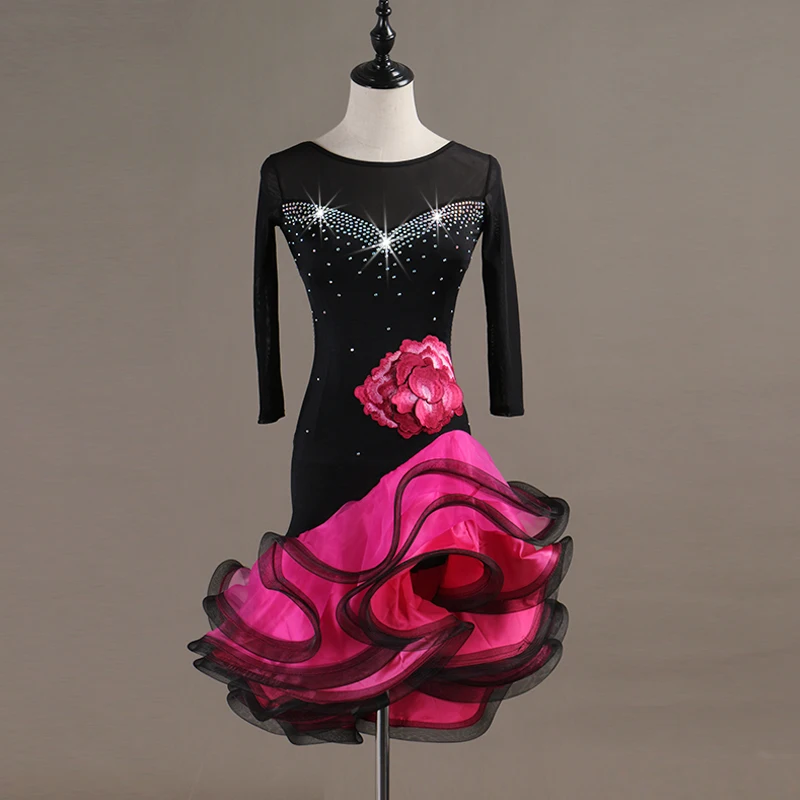 

customized latin dance dress big skirt 3-step gitaba salsa performance competition ballroom dress standard line dance suit