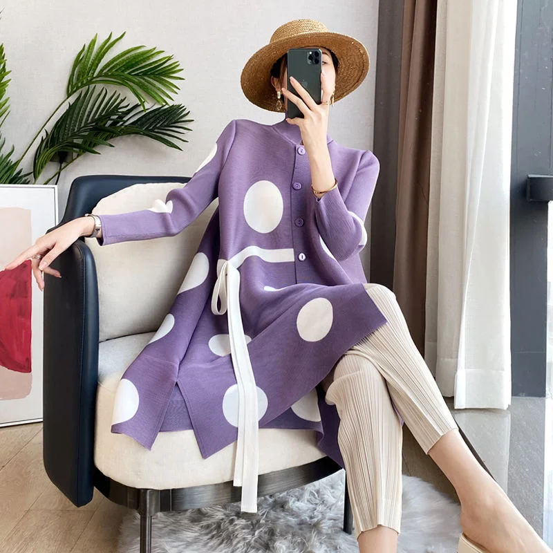 

Элегантное женское пальто-ветровка с клетчатым принтом, весна-осень, на одной пуговице, с воротником-стойкой, плиссированным узором в горошек, длинными рукавами, бамбуковое.