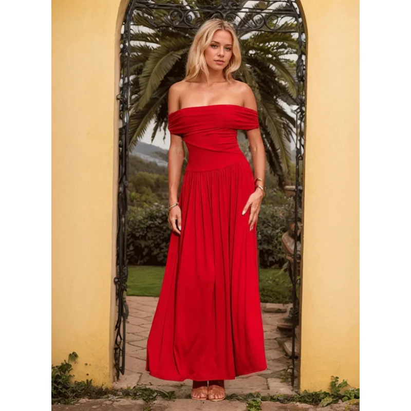 

2025Spring Summer New Women's Fashion Socialite Style Bright Red Dress Off-Shoulder Party Long Dress