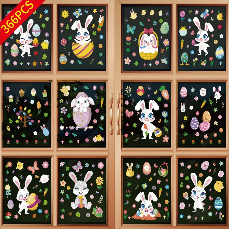 

12Sheet Easter Bunny Egg Electrostatic Stickers Window Glass Door No Glue Refrigerator DIY Sticker Mall Easter Home Decoration