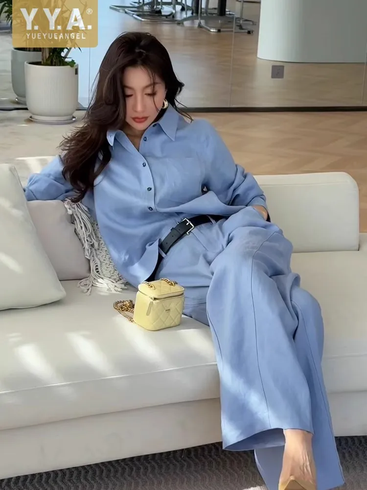 Summer Women Long Sleeve Shirt Wide Leg Pants Two Piece Set Office Lady Cotton Linen Work Outfits Comfortable Matching Suit Sets