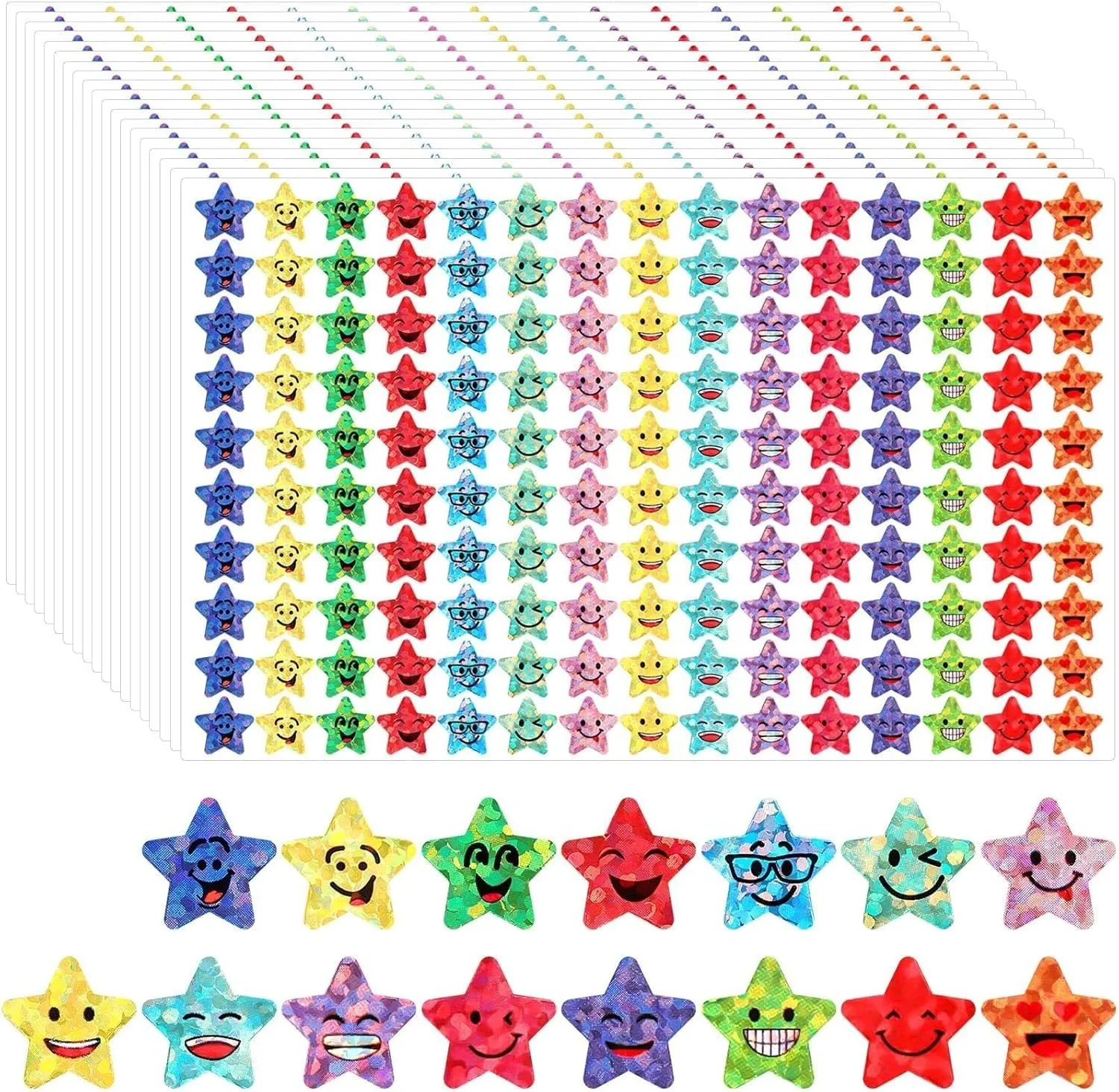 1500 autocollants étoiles, 15 motifs, autocollants de récompense visage souriant pour enfants, étiquettes étoiles en feuille pailletée pour fournitures scolaires et enseignants