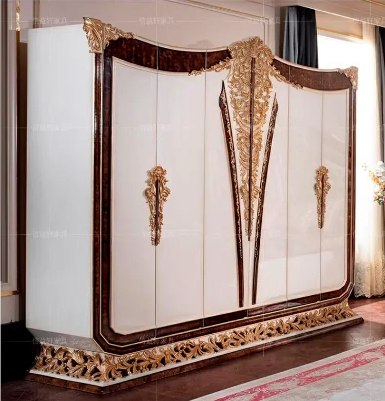 European style solid wood carved luxury wardrobe French court wardrobe bedroom storage cabinet furniture customization