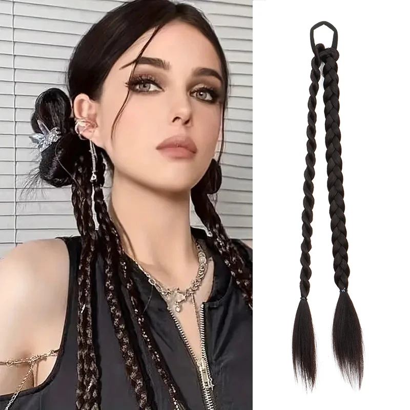

2pcs Synthetic Long Straight Ponytail Hairpiece Elastic Rubber Band Braid Hair Extension for Women Hair Accessories