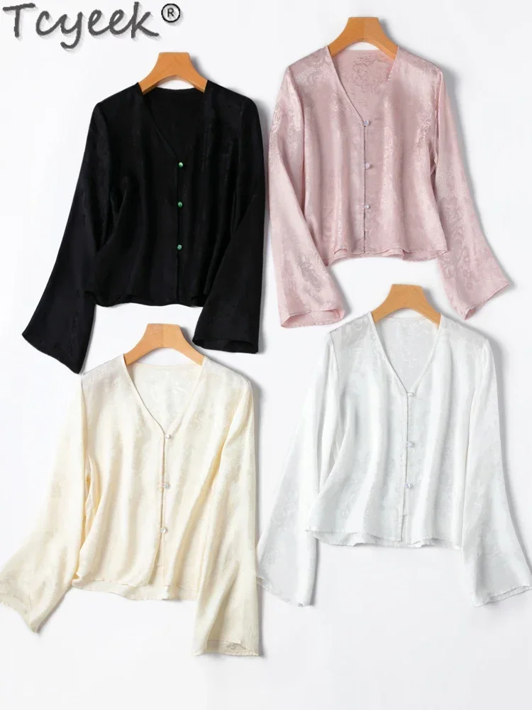 

Tcyeek 100% Mulberry Silk Shirts for Woman Spring Summer Silk Shirt Womens Long Sleeve Top Breathable Sunscreen Tops Рубашка