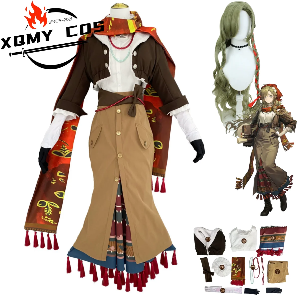 xqanime-game-reverse-1999-vila-cosplay-costume-retro-brown-coat-skirt-uniform-full-set-wig-adult-woman-sexy-daily-leisure-suit