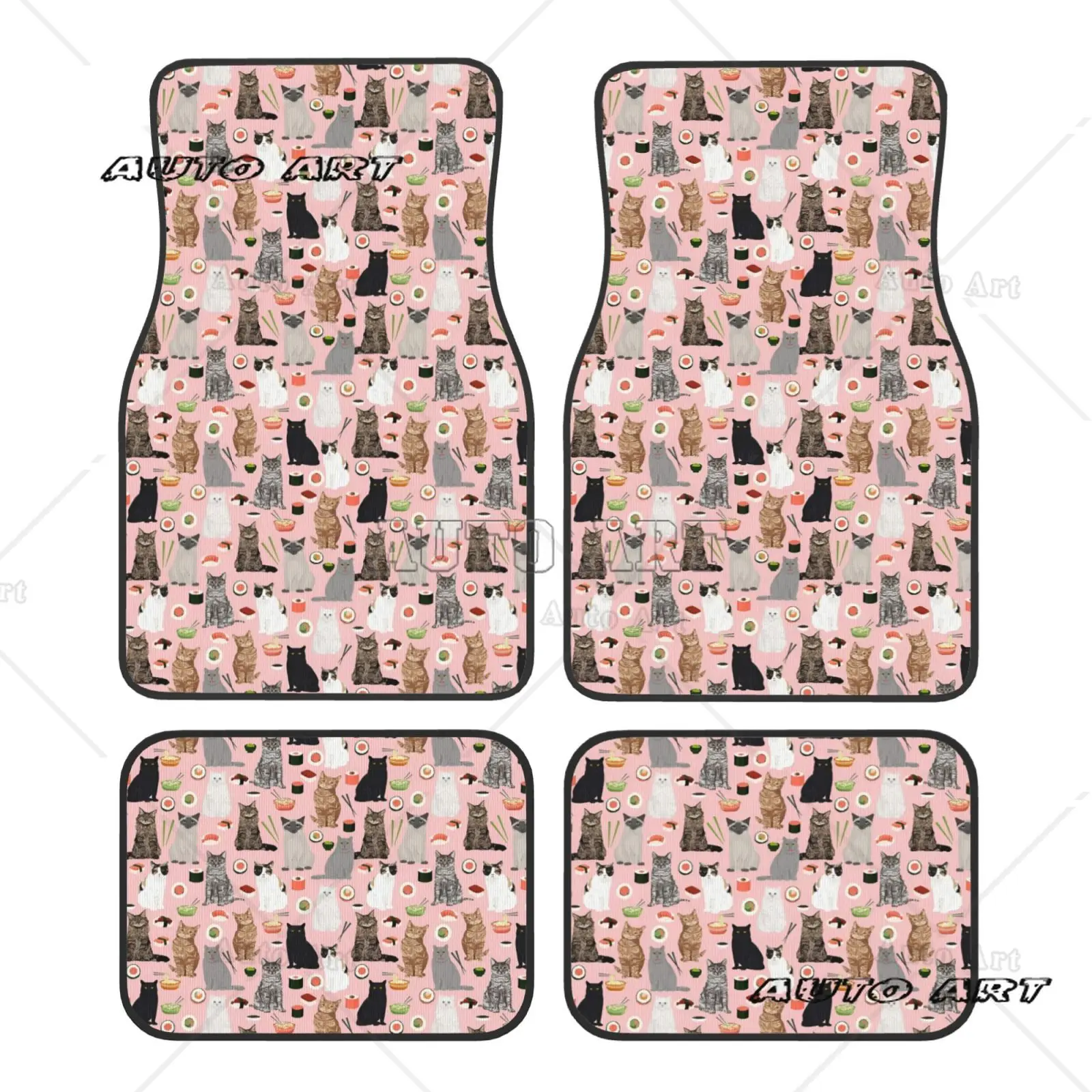 Cute Cat and Food Pattern Car Floor Mat Set of 4 Suitable for All Cars Men and Women Compatible