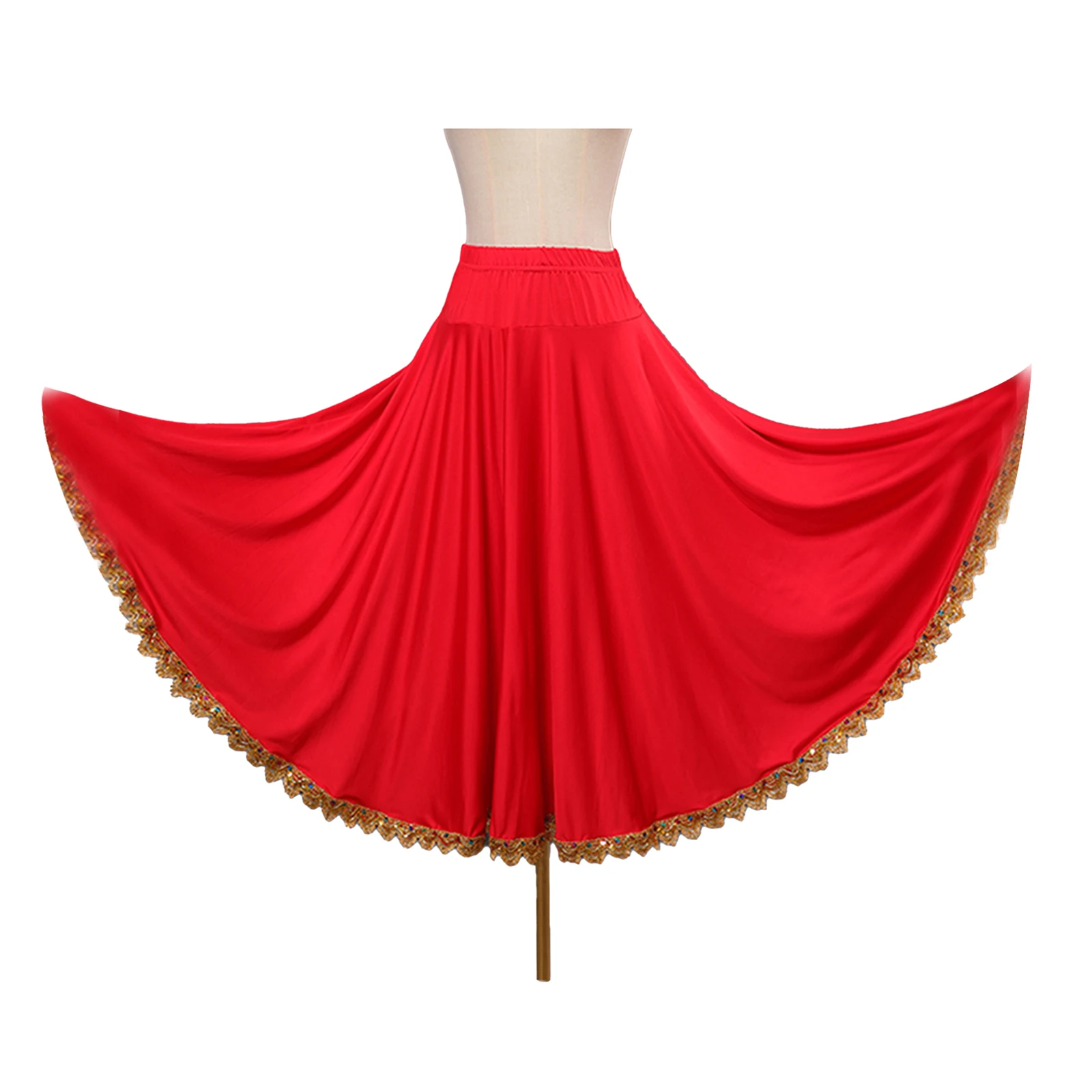 Jupe de danse de salon pour femmes, jupe de danse de valse Flamenco, garniture dorée, grande balançoire, jupe longue espagnole pour Costumes de danse ethnique carrée