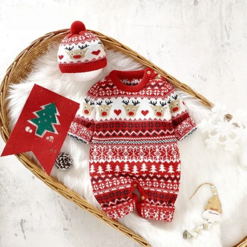 

Newborn 0-1Y Baby Winter Christmas Knitted Romper with Hat Red Reindeer Pattern Jumpsuit Outfit