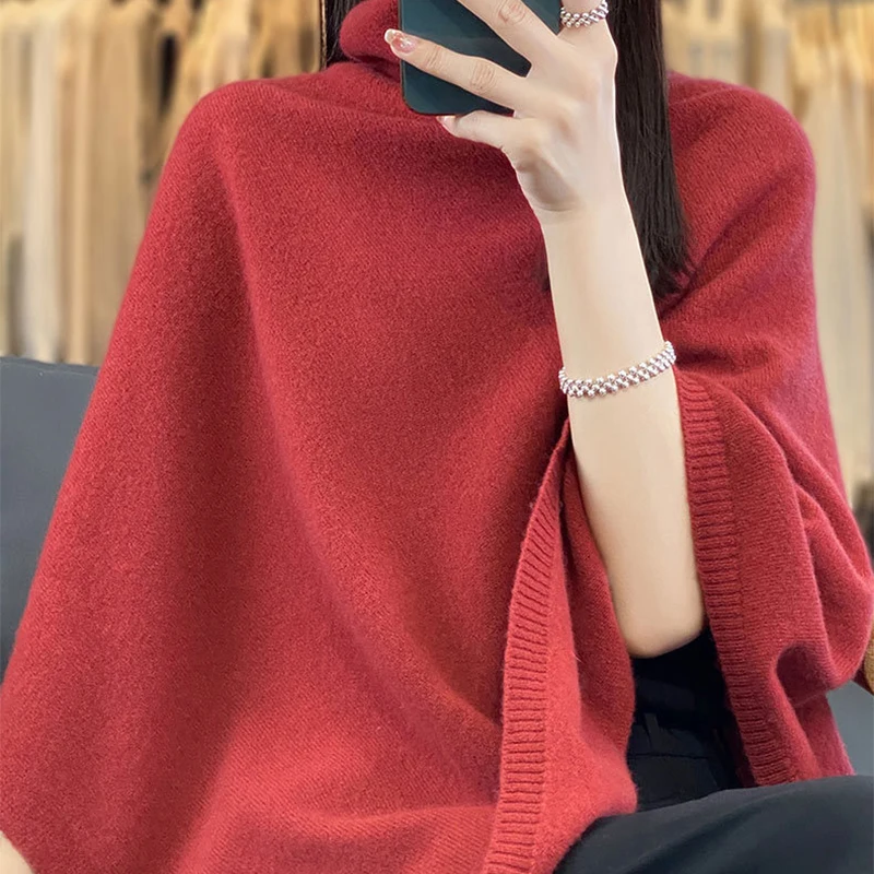 Turtleneck Cashmere Poncho Pullover Shawls 100%Wool Knitted Irregular Cloak Fashion Soft Warm Wollen Bat Sleeve Loose Pullovers