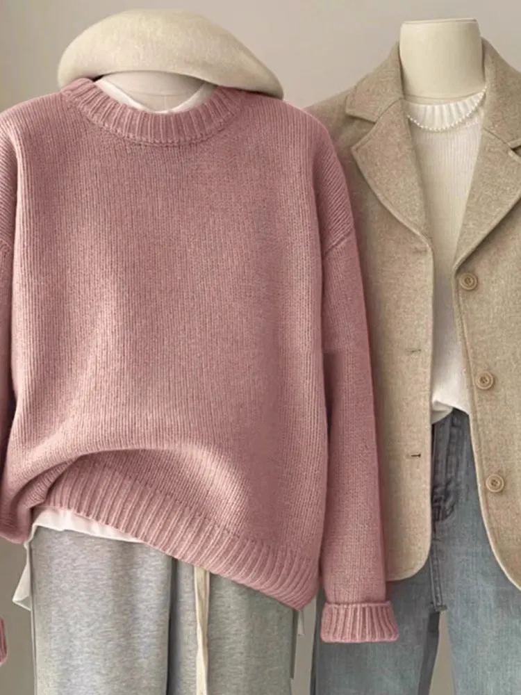 

Autumn Winter New Casual Women's O-Neck Long Sleeves Loose Knitted Pullovers K889 High Quality Korean Solid Color Wool Sweater