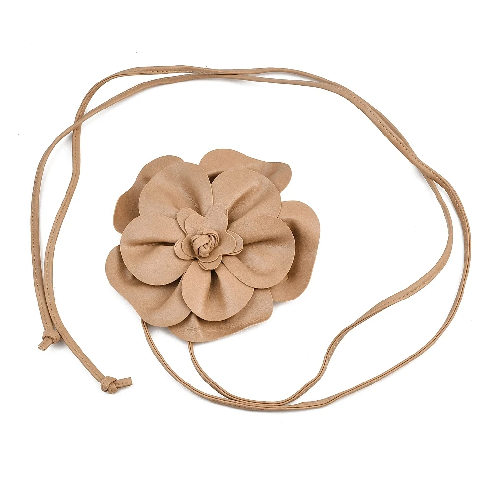 0.3 Inch Women Knotted Leather Boho Flower Rope Tassel Waistband Skinny PU Leather Waist Belt Thin Elegantes Big Flower Decor