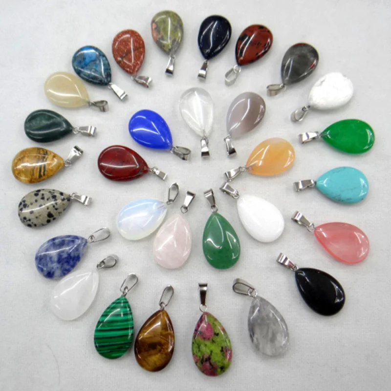 Wholesale 24pcs Natural Pink Quartz Crystal Agates Tiger eye Stone Malachite Water Drop Shape Pendant for DIY Jewelry Making