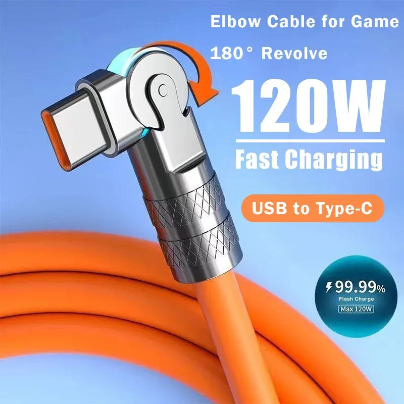 120W 7A Fast Charge USB Type C Cable 180 Degree Rotation Elbow Cable for Game for Xiaomi Redmi Honor Phone Charger