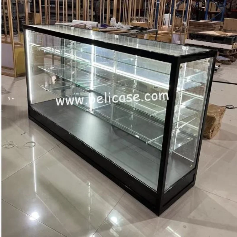 Customized-Retail Shop Black FullShowcase Counter Aluminum Frame Glass Showcase with LED Glass Display