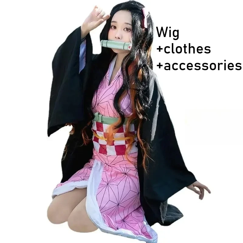 

Аниме Kimetsu Yaiba Kamado Nezuko Косплей Костюм Кимоно Демон Косплей Убийца парик Женский костюм на Хэллоуин