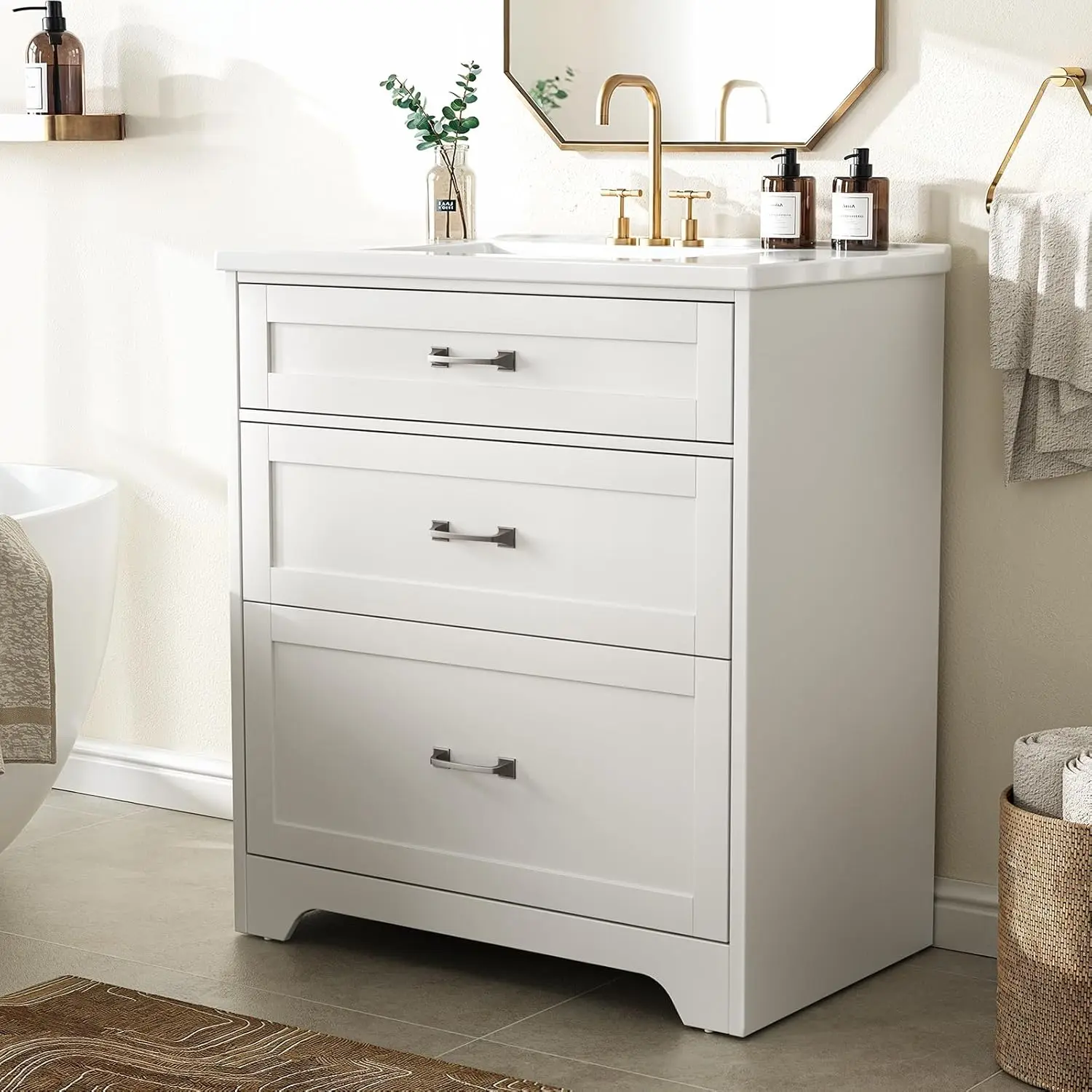 

30" Bathroom Vanity Ceramic Sink Storage Cabinet Tilt-Out & 2 Drawers Deep Sloped Easy Assembly White Customized