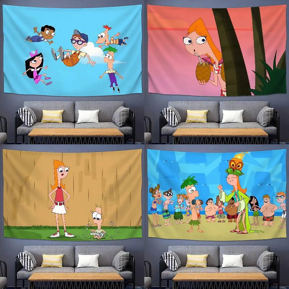 P-Phineas And F-Ferb Cartoon Tapestry Wall Hanging Tapestry Art Deco Blanket Curtain Hanging At Home Bedroom Living Room Decor