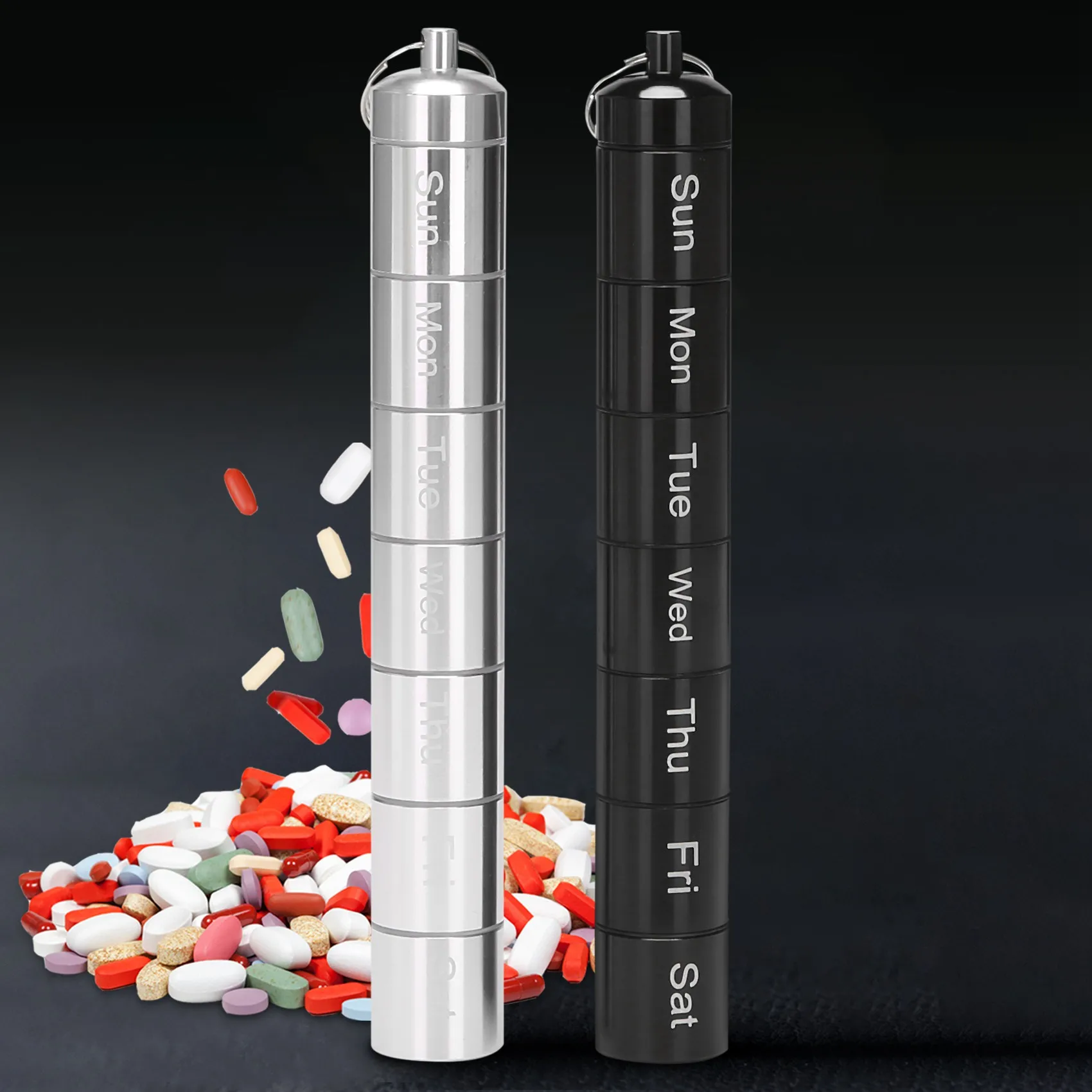 منظم صندوق حبوب الدواء المعدني، منظم حبوب الدواء لمدة 7 أيام، علبة دواء لحامل حبوب المفاتيح في حالات الطوارئ المقاومة للماء قطعتان