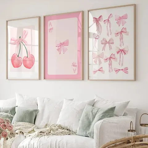 Trendy Pink Bows Wall Art Set of 3-Watercolor Preppy Posters for College Apartment Decor and Bedroom Wall Decoration