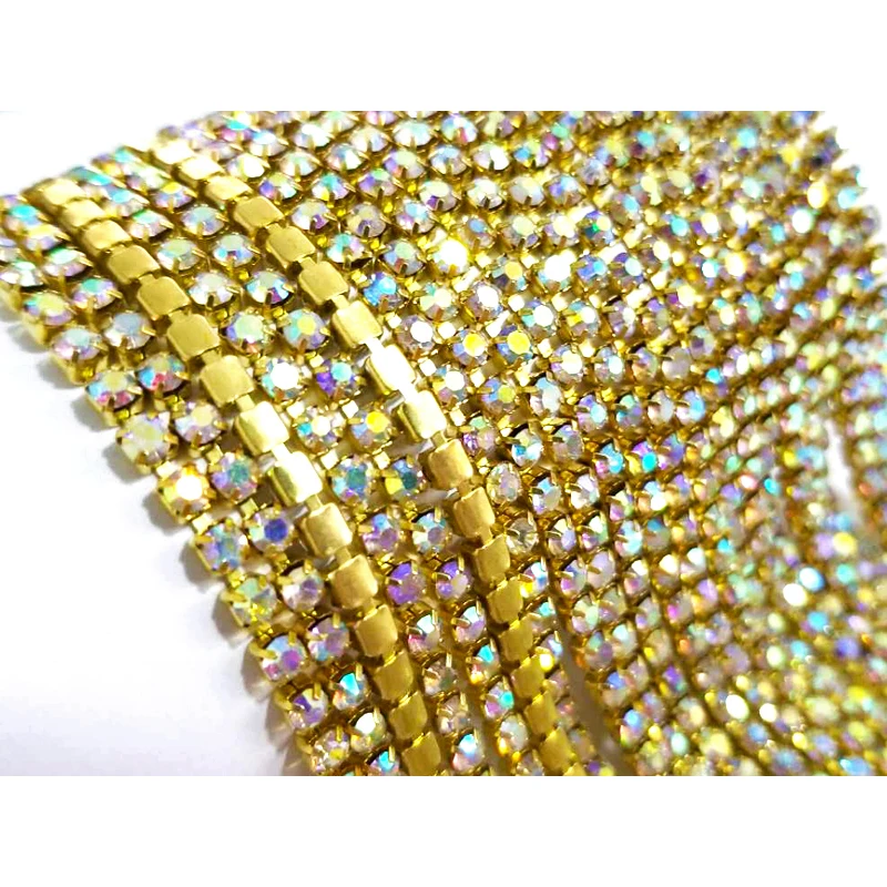 SS6 2mm 5yards/lot Colorful Glass Crystal Rhinestone Chain, Gold Bottom Sew on Cup Chains For Diy Garment Bags Decorations ZLG06