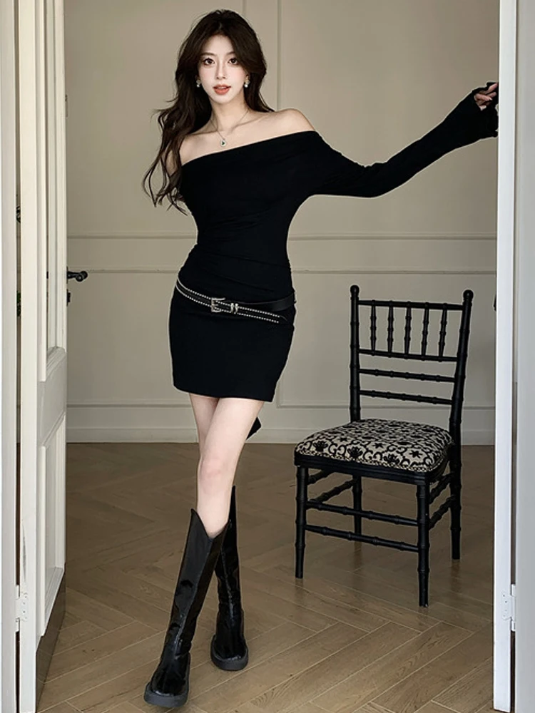 女性の服 Y2K セクシーな黒のスキニードレス シックなオフショルダー 長袖 ベルト ボディコン ショートガウン パーティー ベスティド カジュアル 春