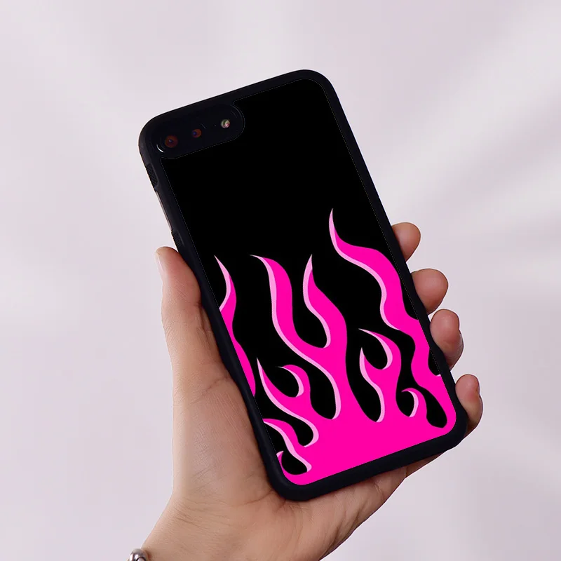 Wildflower Silicone Rubber Phone Case Cover for iPhone 6 6S 7 8 Plus X XS XR 11 12 13 14 15 Mini Pro Max Neon Pink Fire Flames