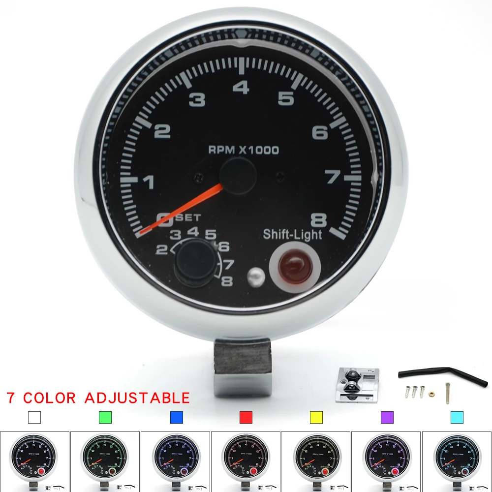 

3.75" 95mm Tachometer 7 Color Led Display Black Face Chrome Case 4 6 8 Cylinders