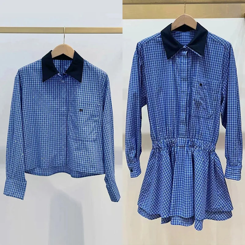 

2025 Early Autumn INS Fashion Sparkling Rhinestone Plaid Polo Collar Waist Dress