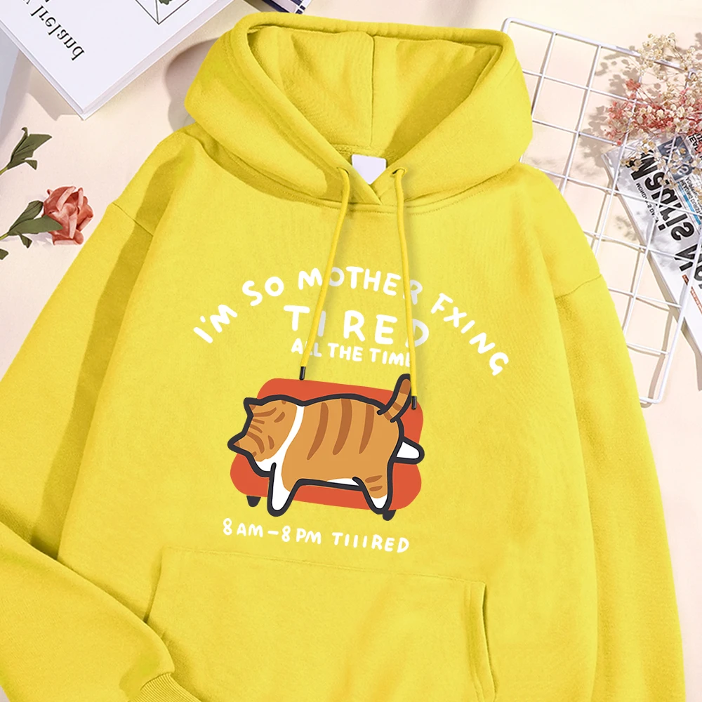 Sudadera holgada informal con capucha para mujer, suéter sencillo deportivo, ropa versátil Y2K, estampado blanco, gato naranja tumbado en el sofá