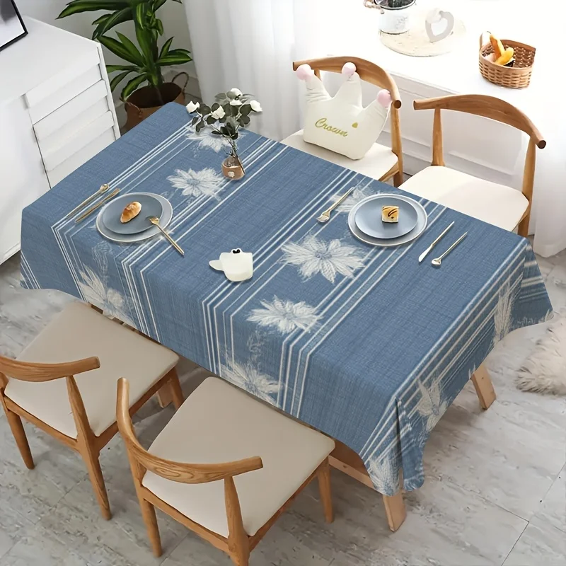 Blue Striped Floral Tablecloth, Blue Base With White Daisy & Line Print, Rectangular Table Cover for Dining Kitchen Home Decor