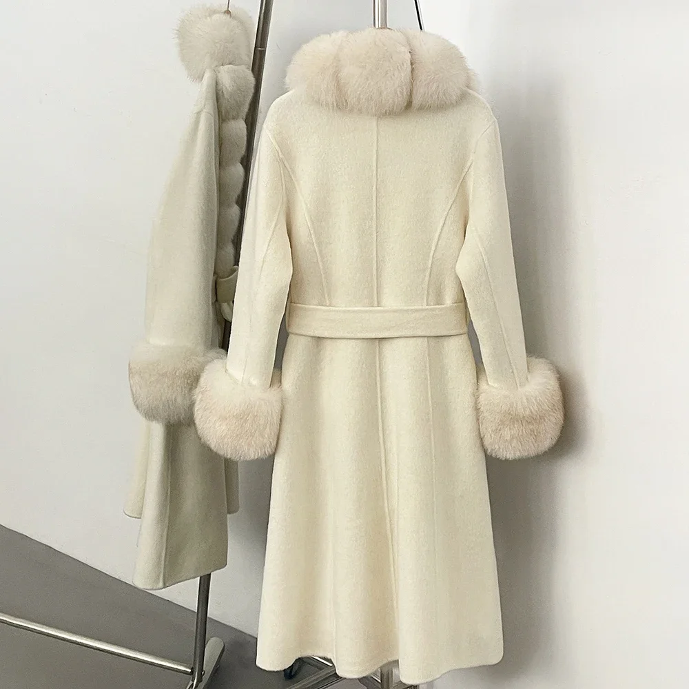 OFTBUY Neue Winter-Luxuskleidung Damen-Oberbekleidung Langer Woll-Alpaka-Mischmantel mit Echtfuchs-Pelzbesatz und Gürtel Wolljacke für Damen – Detail 9