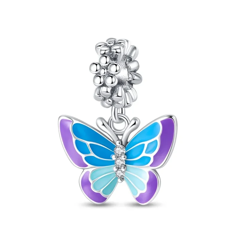 Colgante de plata de ley 925 Original para pulsera Pandora, Animal, mariposa, pluma, flor, cuentas, regalo de joyería para mujer