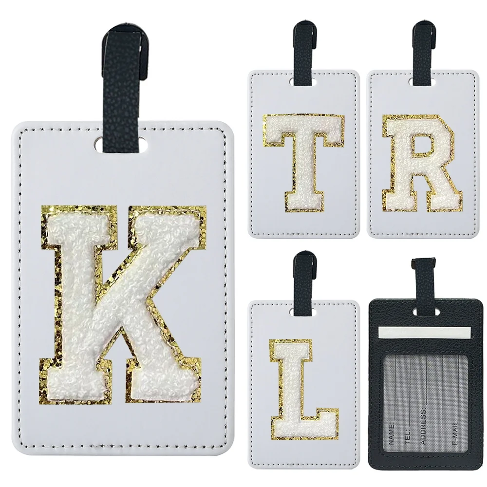 Initial Chenille Pu Luggage Tag Durable Suitcase Tag Label Set Travel Accessories Initial Name A-Z 26 Letters White Pattern