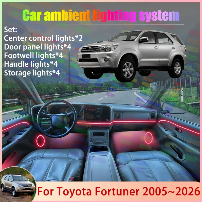 

Для Toyota Fortuner AN50 Hilux SW4 MK1 2005 ~ 2026 2/18 в 1, автомобильная атмосферная лампа, RGB абажур, ансамбль, стример, атмосферный набор
