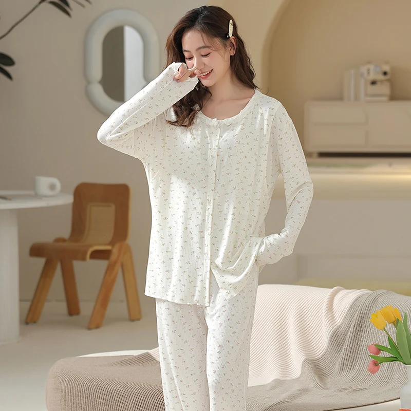 

With chest pad pregnant women pajamas cotton postpartum long-sleeved fashion confinement home service breastfeeding clothing set