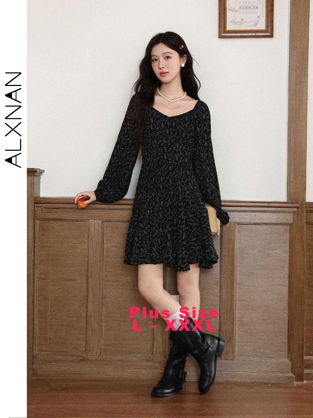 

ALXNAN Plus Size Black Floral Short Dress 2025 Autumn Long Sleeve French Holiday Party Casual Elegant Women's Dresses D13007