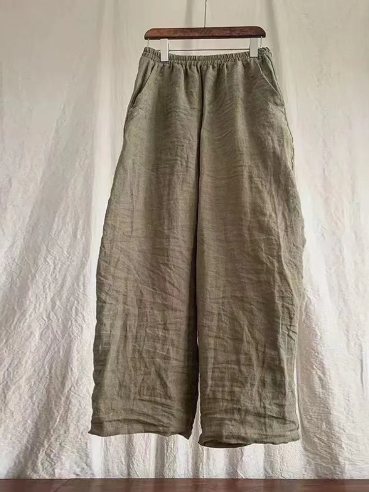 Pantalon à jambes larges en coton et lin pour femmes, rétro artistique, taille élastique, fin, décontracté, droit, Zen Sle, été